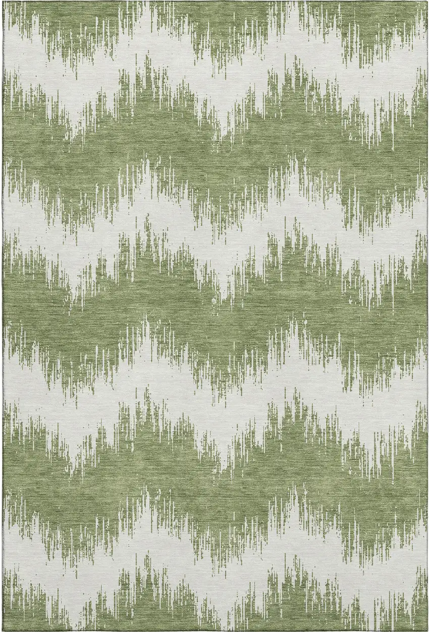 Green And Ivory Chevron Washable Area Rug With UV Protection Photo 1