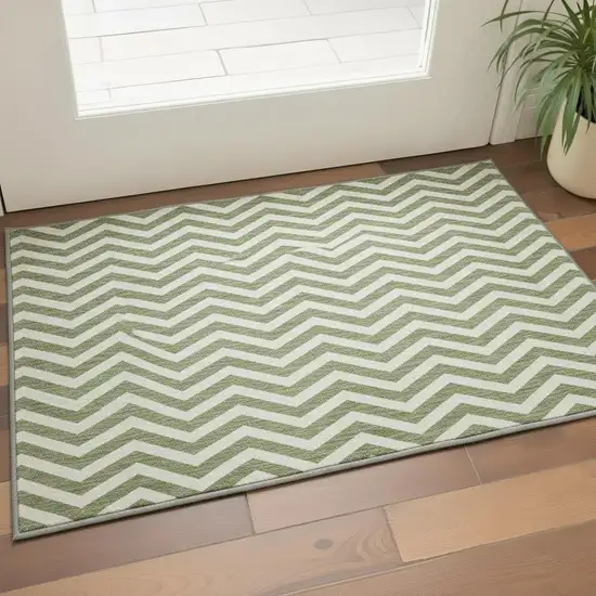 Green And Ivory Chevron Washable Area Rug With UV Protection Photo 2