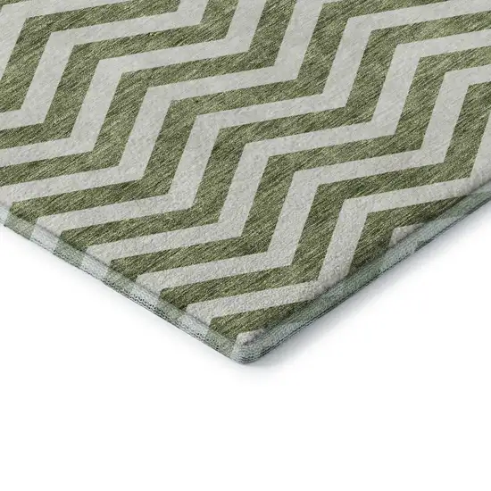 Green And Ivory Chevron Washable Area Rug With UV Protection Photo 8