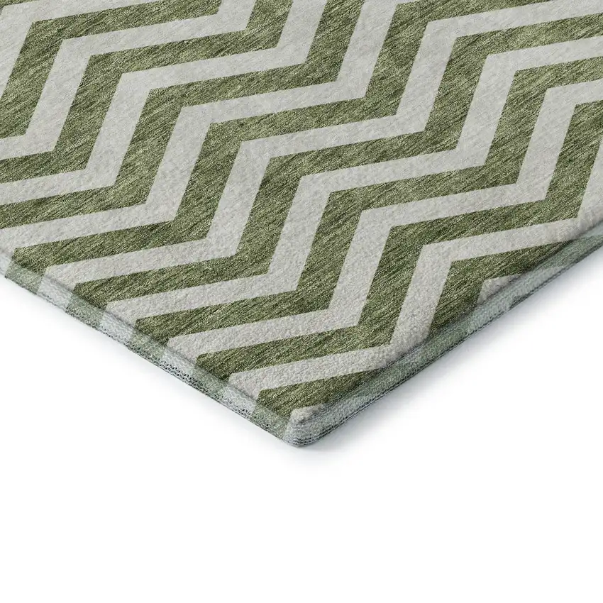 Green And Ivory Chevron Washable Area Rug With UV Protection Photo 8