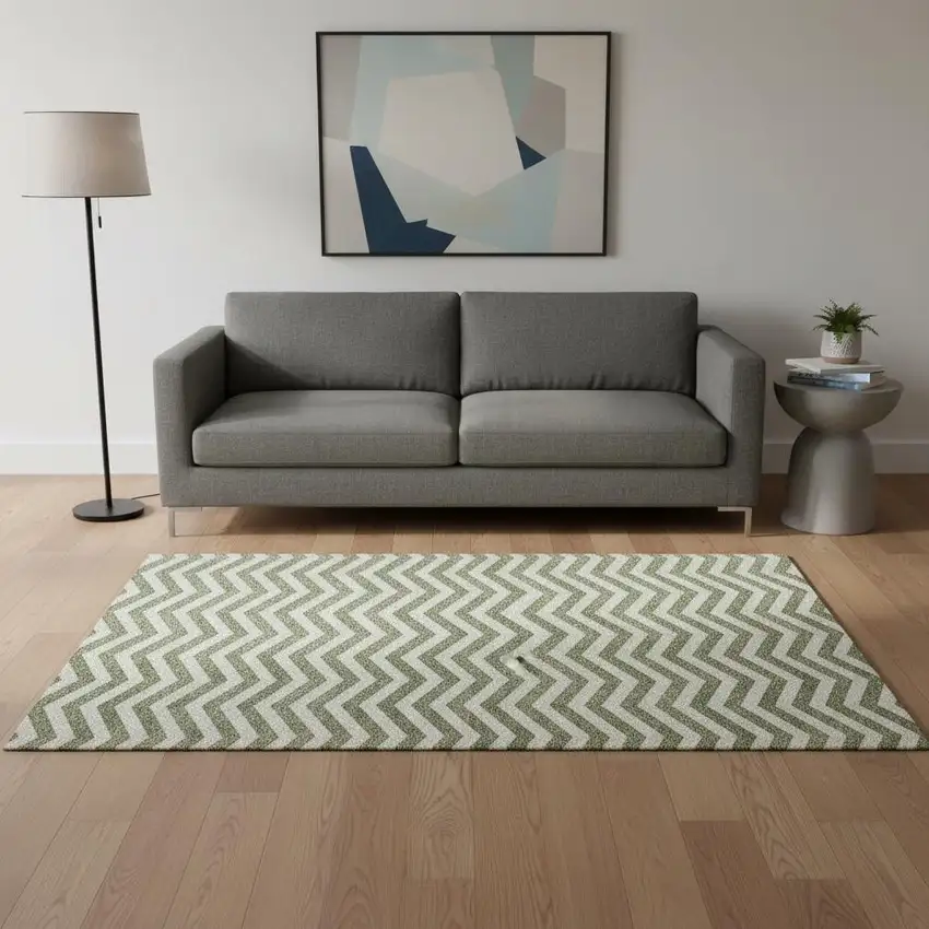 Green And Ivory Chevron Washable Area Rug With UV Protection Photo 2