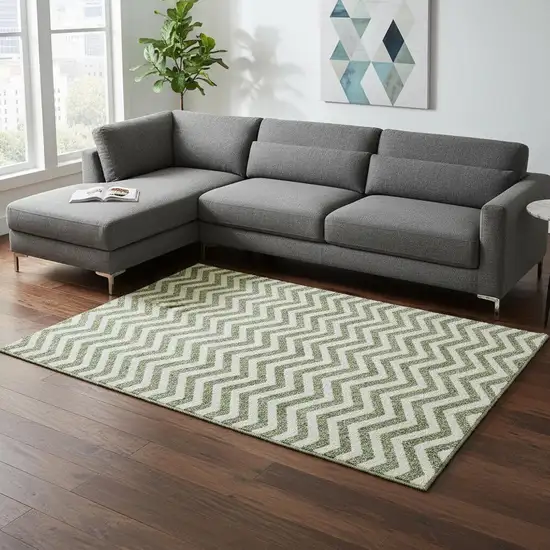 Green And Ivory Chevron Washable Area Rug With UV Protection Photo 2