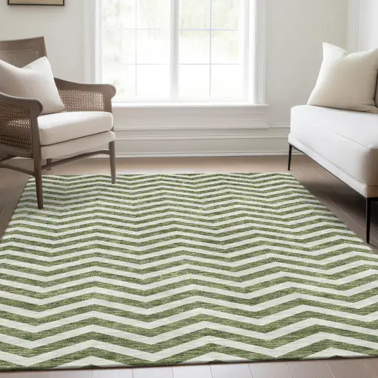 Green And Ivory Chevron Washable Area Rug With UV Protection Photo 6