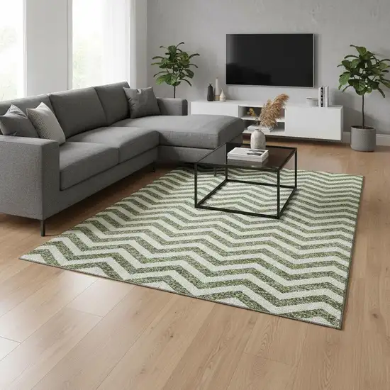 Green And Ivory Chevron Washable Area Rug With UV Protection Photo 2