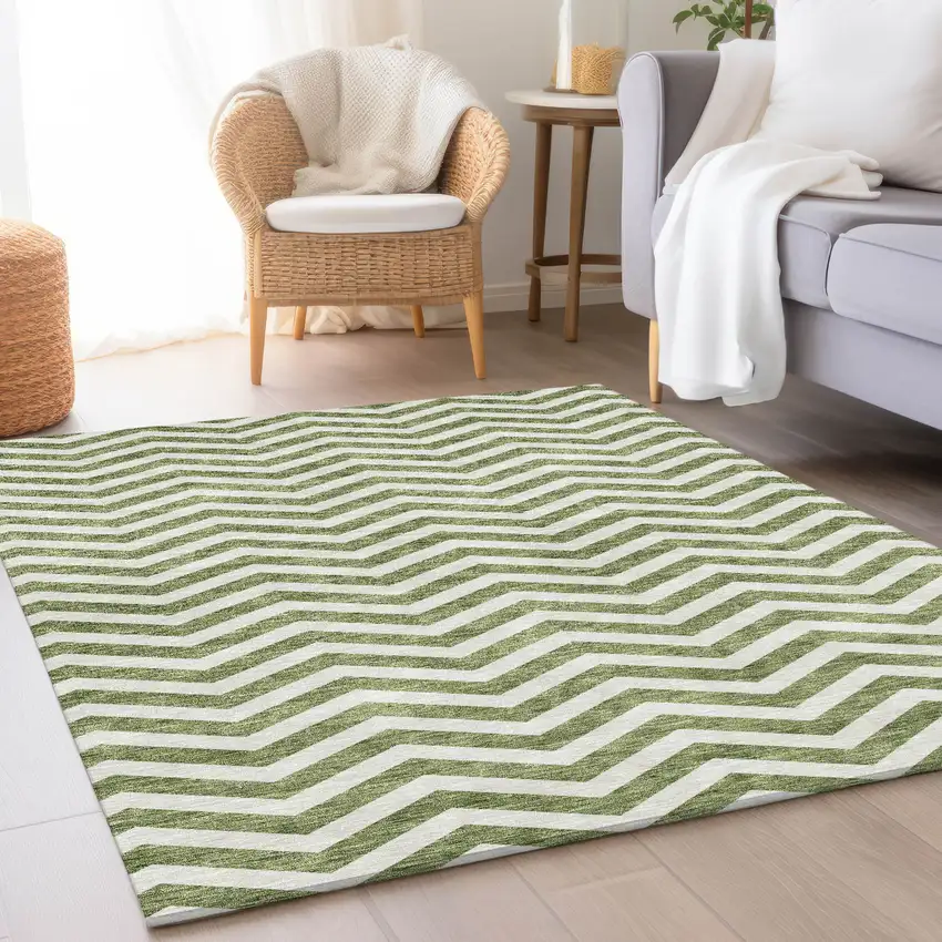Green And Ivory Chevron Washable Area Rug With UV Protection Photo 5