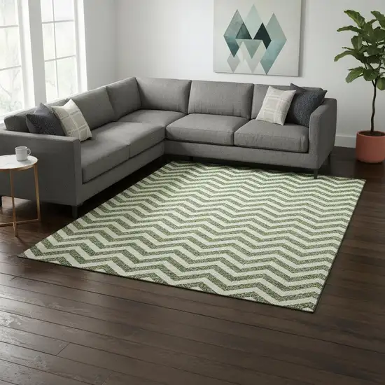 Green And Ivory Chevron Washable Area Rug With UV Protection Photo 2