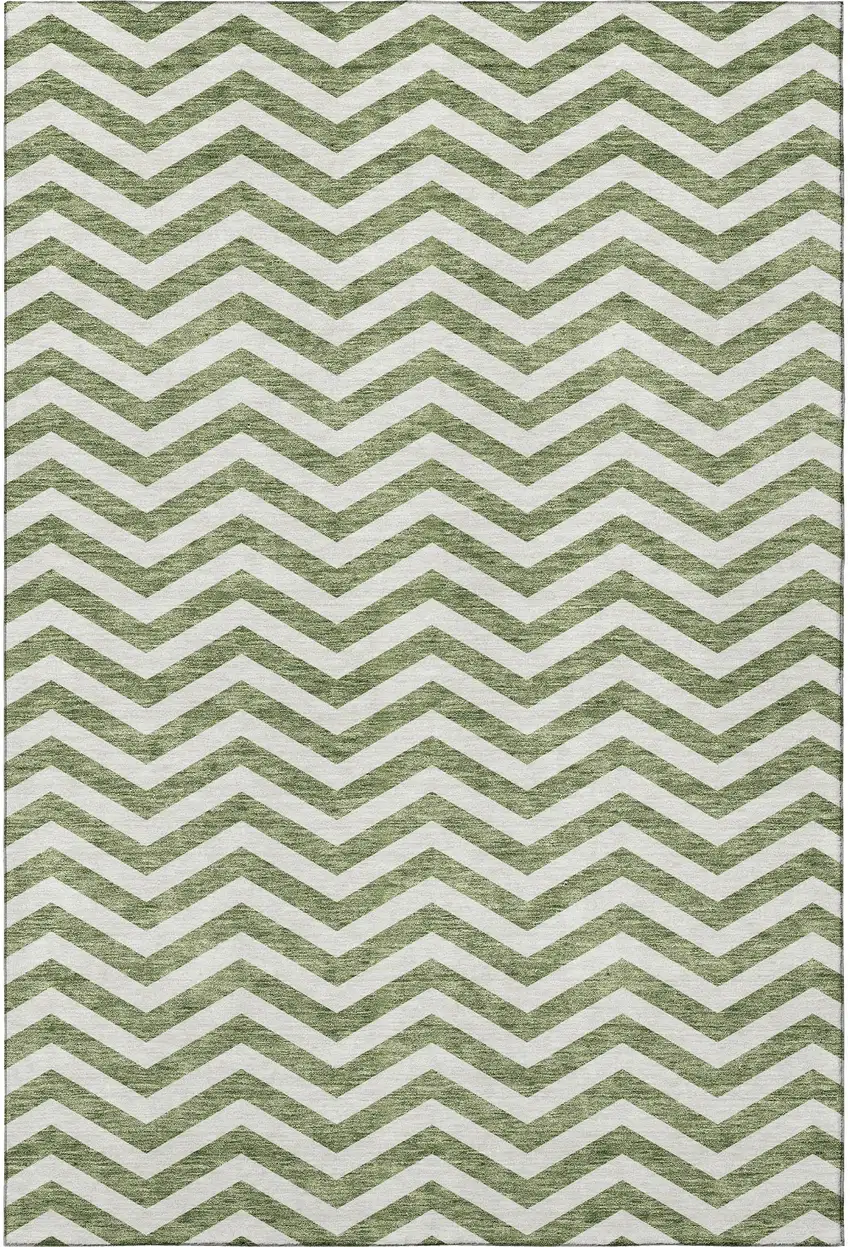 Green And Ivory Chevron Washable Area Rug With UV Protection Photo 4