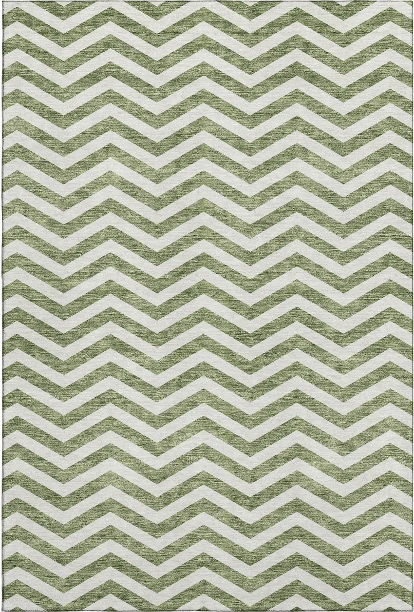 Green And Ivory Chevron Washable Area Rug With UV Protection Photo 1