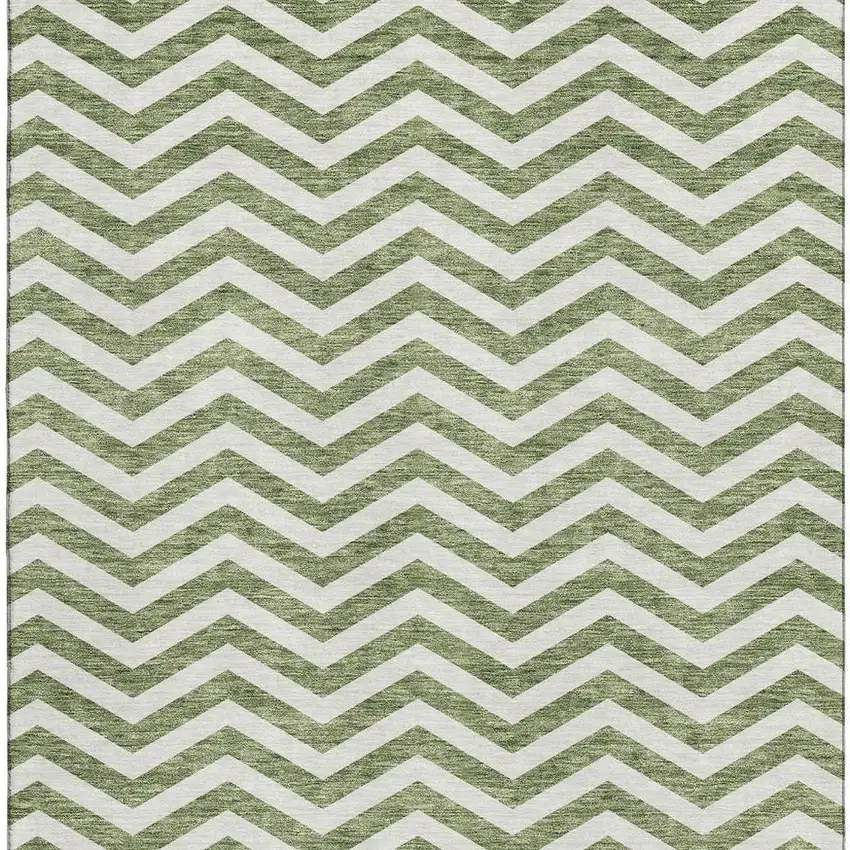Green And Ivory Chevron Washable Area Rug With UV Protection Photo 3