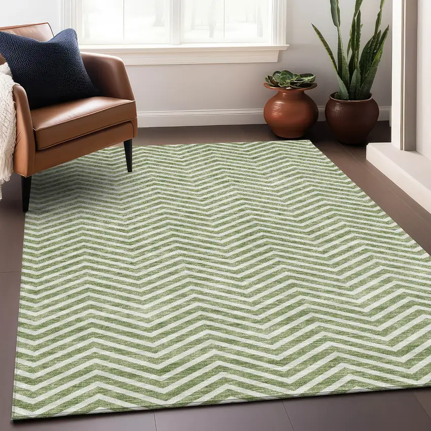 Green And Ivory Chevron Washable Area Rug With UV Protection Photo 4