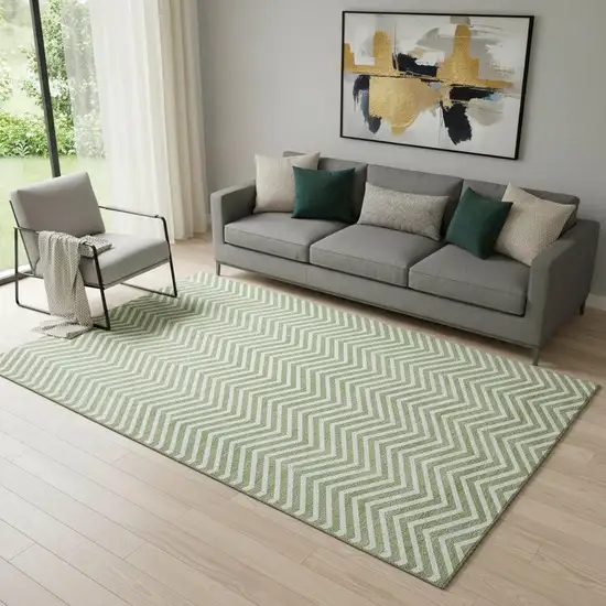 Green And Ivory Chevron Washable Area Rug With UV Protection Photo 1