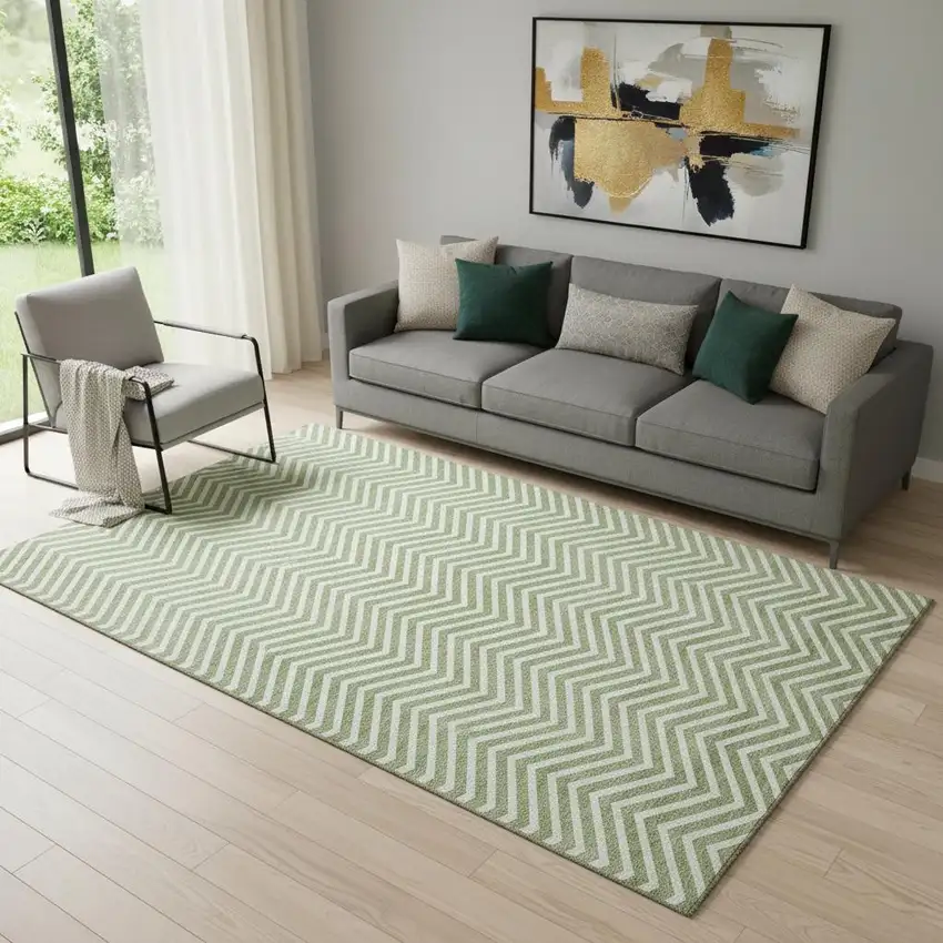 Green And Ivory Chevron Washable Area Rug With UV Protection Photo 1