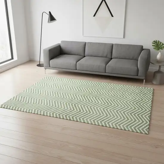 Green And Ivory Chevron Washable Area Rug With UV Protection Photo 2