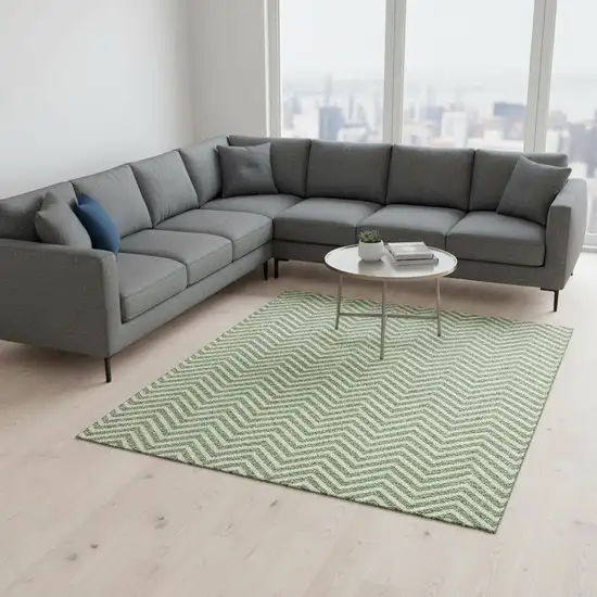 Green And Ivory Chevron Washable Area Rug With UV Protection Photo 2