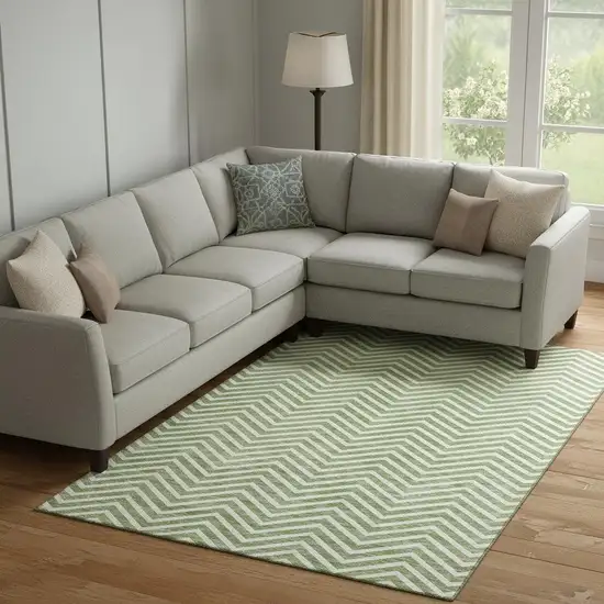Green And Ivory Chevron Washable Area Rug With UV Protection Photo 1