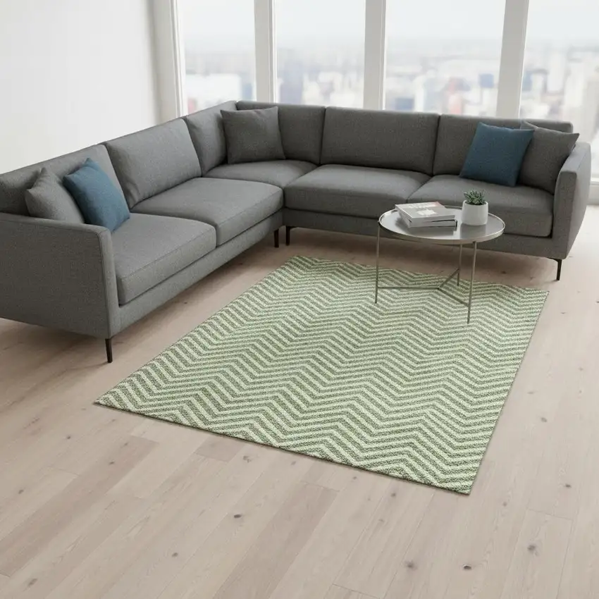 Green And Ivory Chevron Washable Area Rug With UV Protection Photo 2