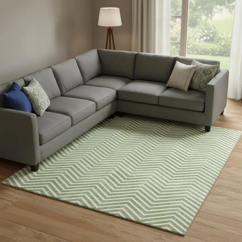 Green And Ivory Chevron Washable Area Rug With UV Protection Photo 1