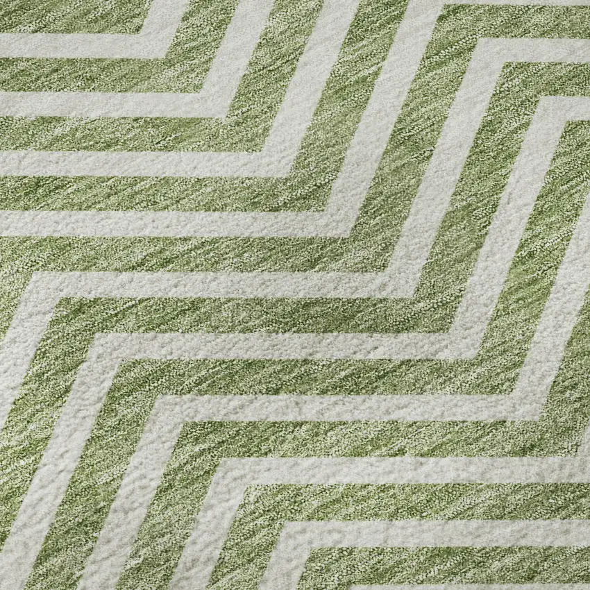 Green And Ivory Chevron Washable Area Rug With UV Protection Photo 9