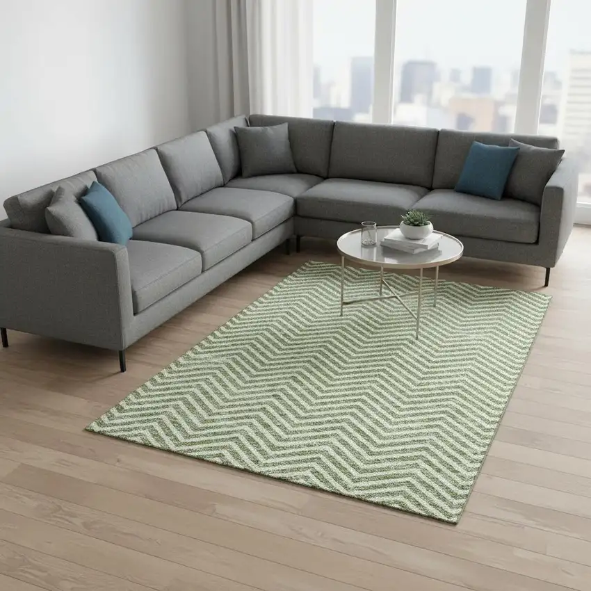 Green And Ivory Chevron Washable Area Rug With UV Protection Photo 2