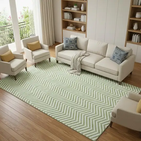 Green And Ivory Chevron Washable Area Rug With UV Protection Photo 1