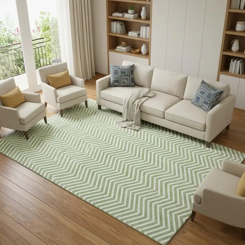 Green And Ivory Chevron Washable Area Rug With UV Protection Photo 1
