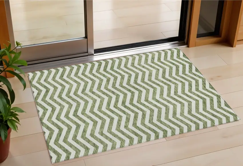 Green And Ivory Chevron Washable Indoor Outdoor Area Rug Photo 1
