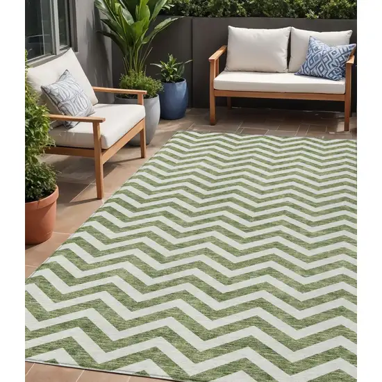 Green And Ivory Chevron Washable Indoor Outdoor Area Rug Photo 1