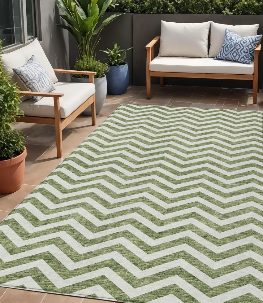 Green And Ivory Chevron Washable Indoor Outdoor Area Rug Photo 1
