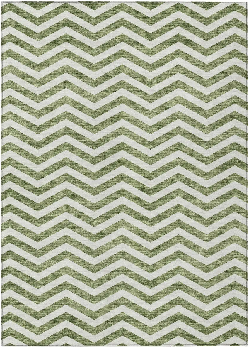 Green And Ivory Chevron Washable Indoor Outdoor Area Rug Photo 2