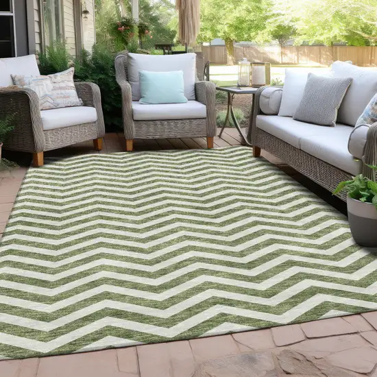 Green And Ivory Chevron Washable Indoor Outdoor Area Rug Photo 9