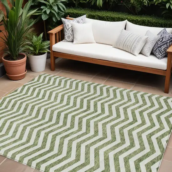 Green And Ivory Chevron Washable Indoor Outdoor Area Rug Photo 1