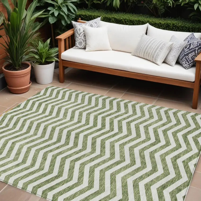Green And Ivory Chevron Washable Indoor Outdoor Area Rug Photo 1