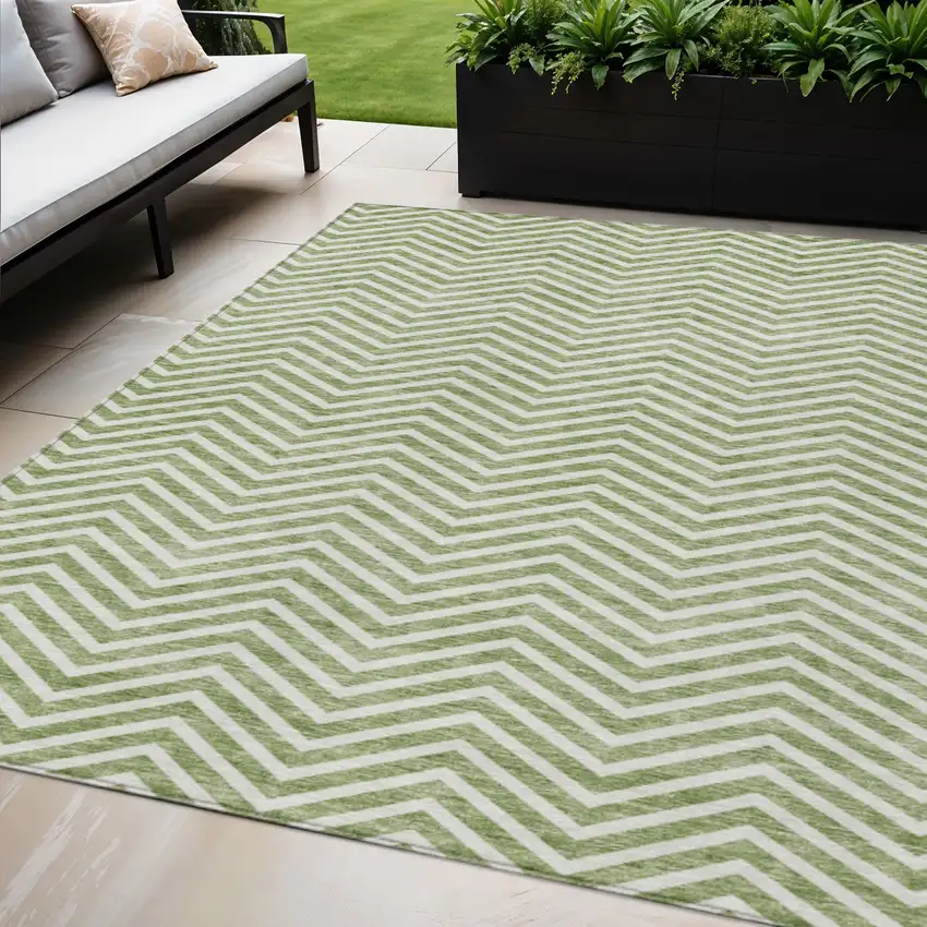 Green And Ivory Chevron Washable Indoor Outdoor Area Rug Photo 1