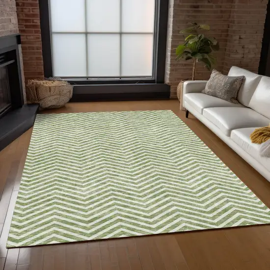 Green And Ivory Chevron Washable Indoor Outdoor Area Rug Photo 9