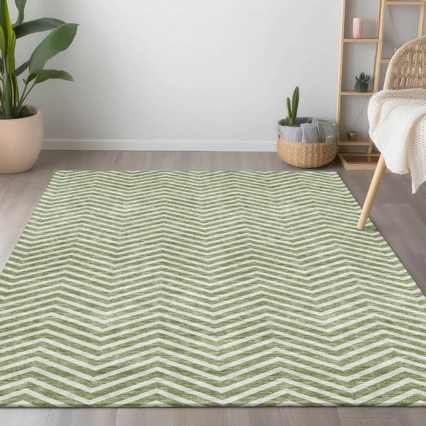 Green And Ivory Chevron Washable Indoor Outdoor Area Rug Photo 9