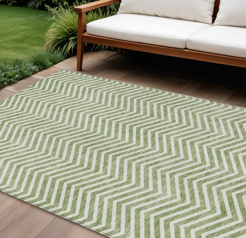 Green And Ivory Chevron Washable Indoor Outdoor Area Rug Photo 1