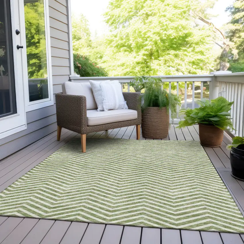 Green And Ivory Chevron Washable Indoor Outdoor Area Rug Photo 8