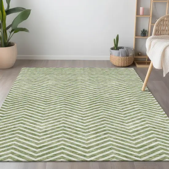 Green And Ivory Chevron Washable Indoor Outdoor Area Rug Photo 9