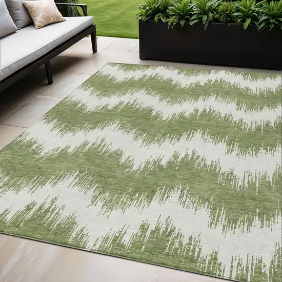 Green And Ivory Chevron Washable Indoor Outdoor Area Rug Photo 1
