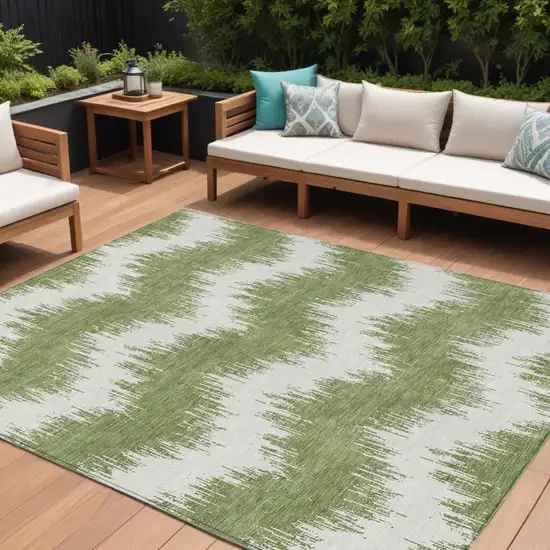 Green And Ivory Chevron Washable Indoor Outdoor Area Rug Photo 1