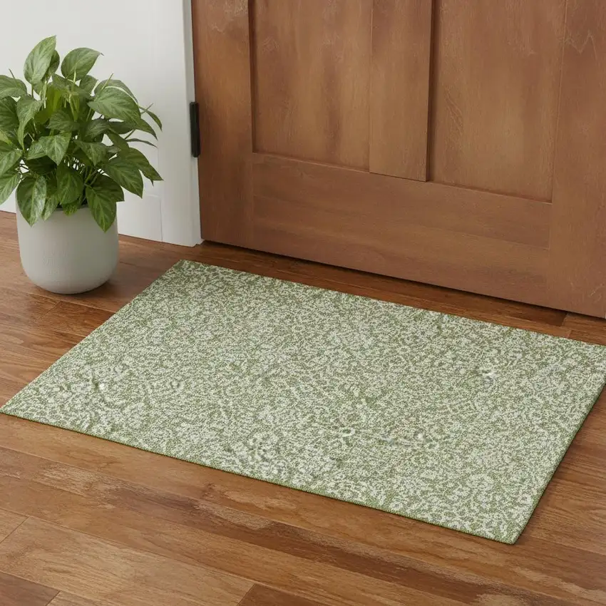 Green And Ivory Damask Washable Area Rug With UV Protection Photo 1