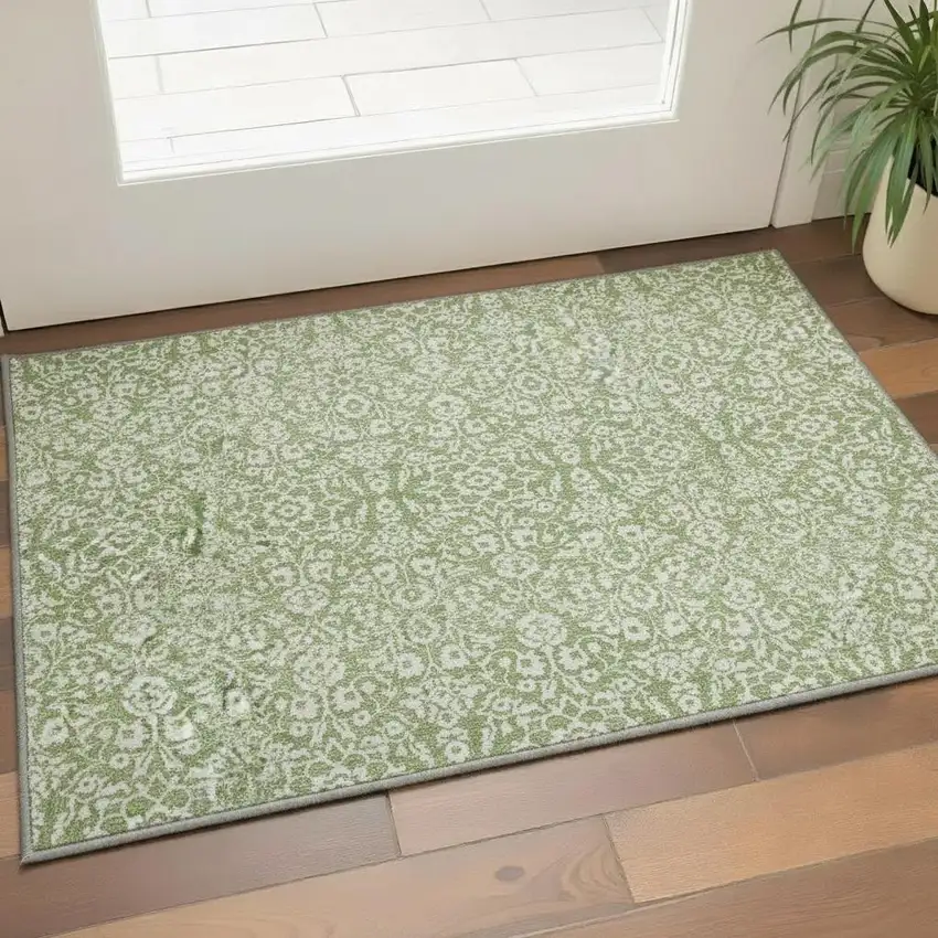 Green And Ivory Damask Washable Area Rug With UV Protection Photo 2