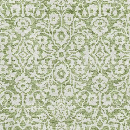 Green And Ivory Damask Washable Area Rug With UV Protection Photo 3