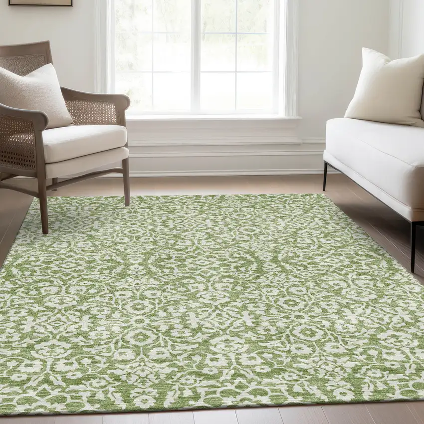 Green And Ivory Damask Washable Area Rug With UV Protection Photo 6