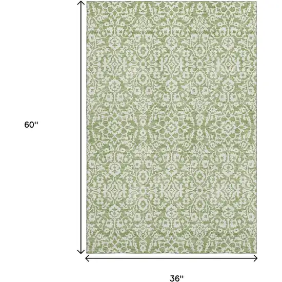 Green And Ivory Damask Washable Area Rug With UV Protection Photo 3