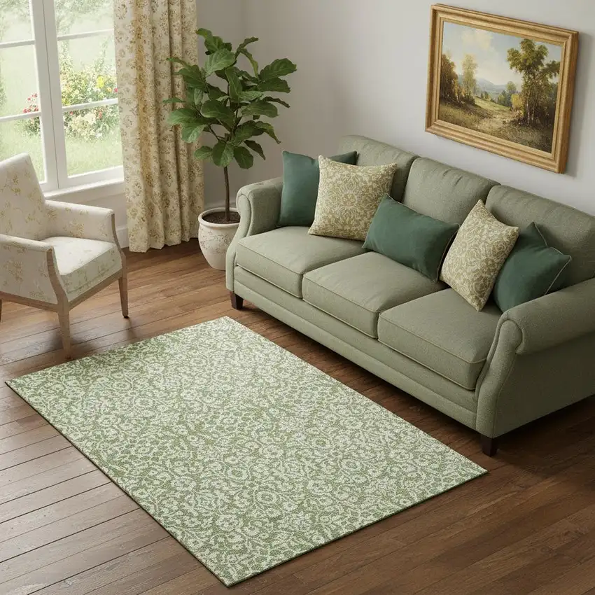 Green And Ivory Damask Washable Area Rug With UV Protection Photo 1