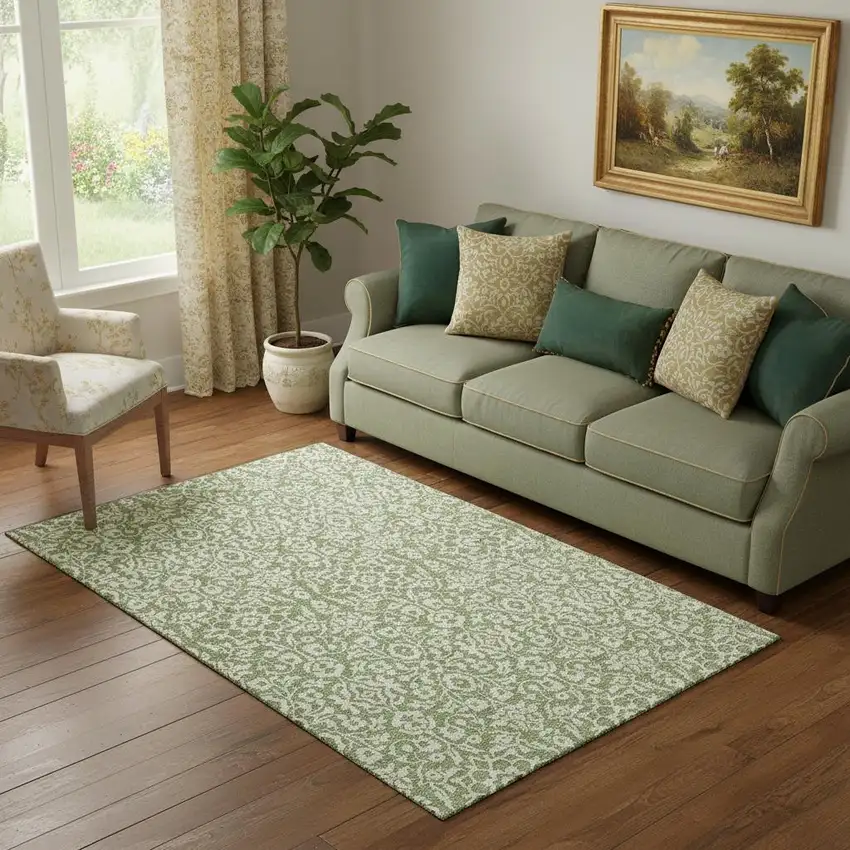 Green And Ivory Damask Washable Area Rug With UV Protection Photo 1
