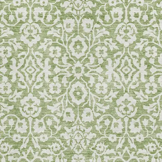 Green And Ivory Damask Washable Area Rug With UV Protection Photo 3