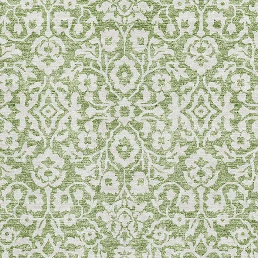 Green And Ivory Damask Washable Area Rug With UV Protection Photo 3