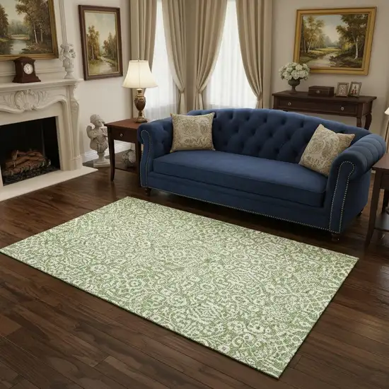 Green And Ivory Damask Washable Area Rug With UV Protection Photo 2